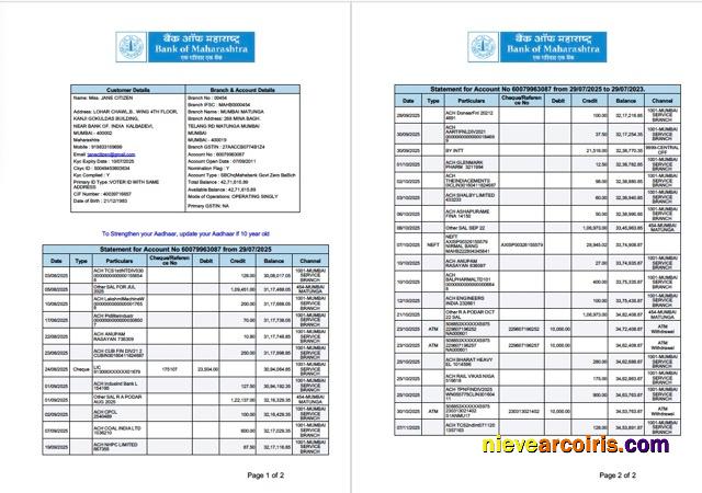 Premium India Bank Of Maharashtra Statement Of Account Word And PDF Template, 2 Pages