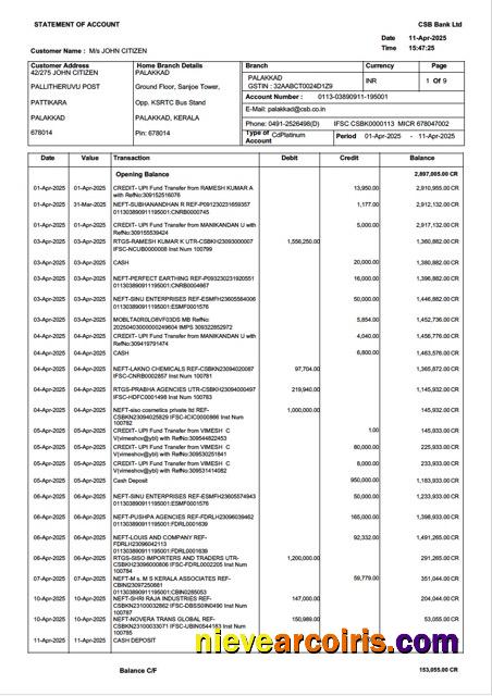 Premium India CSB Bank Statement Of Account Word And PDF Template