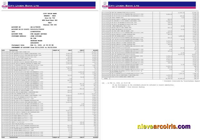 Professional India City Union Bank Statement Of Account Word And PDF Template, 2 Pages
