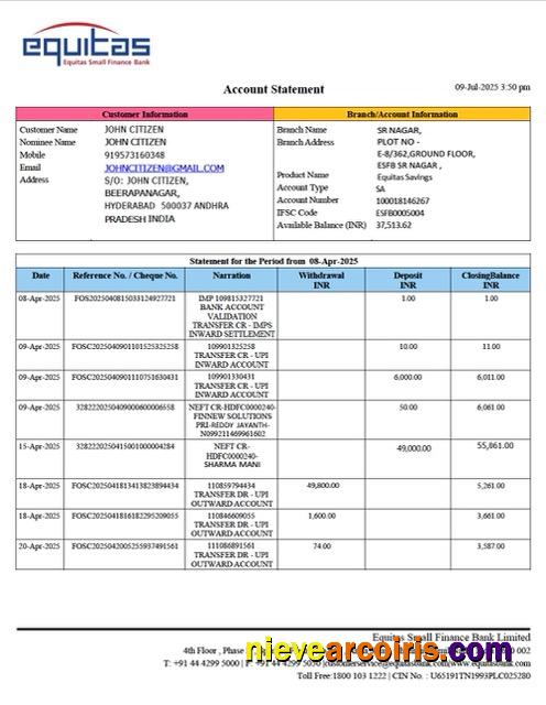 Editable India Equitas Small Finance Bank Account Statement Word And PDF Template