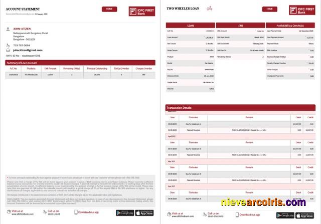 Editable India IDFC First Bank Limited Account Statement Word And PDF Template, 2 Pages