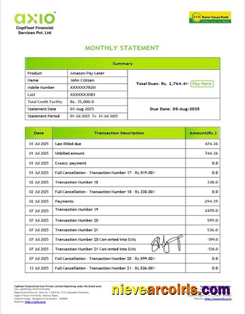 Professional India Karur Vysya Bank Account Statement Word And PDF Template, Version 2