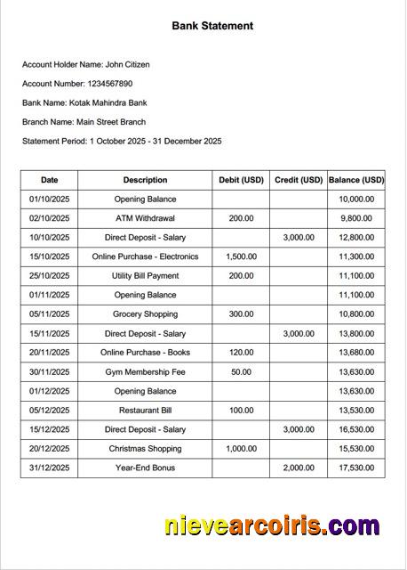Editable India Kotak Mahindra Bank Statement Word And PDF Template