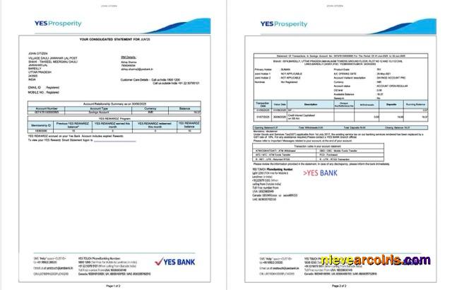 Realistic India Yes Bank Account Statement Word And PDF Template, 2 Pages