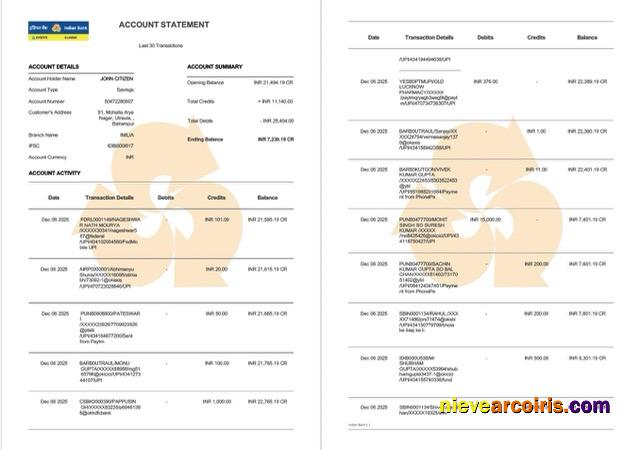 Premium Indian Bank Allahabad Account Statement Word And PDF Template, 2 Pages