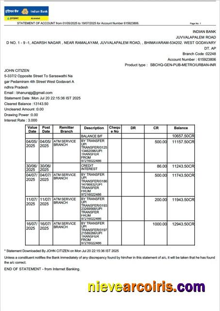 Realistic Indian Bank Allahabad Statement Of Account Word And PDF Template, Version 2