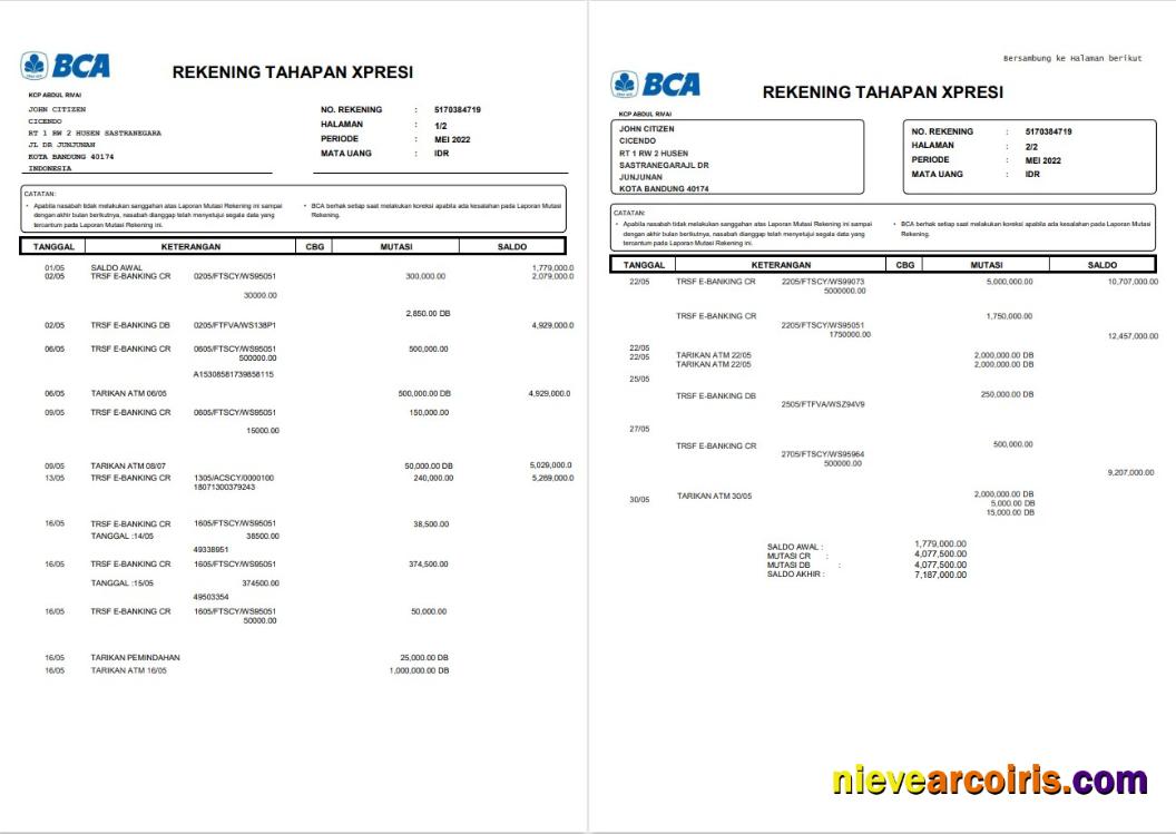 Indonesia BCA Bank Statement 2 Pages Template