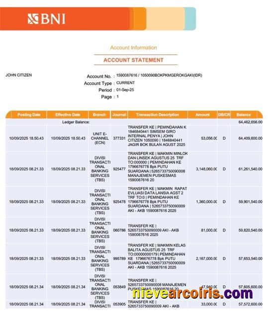 Professional Indonesia BNI Bank Account Statement Word And PDF Template