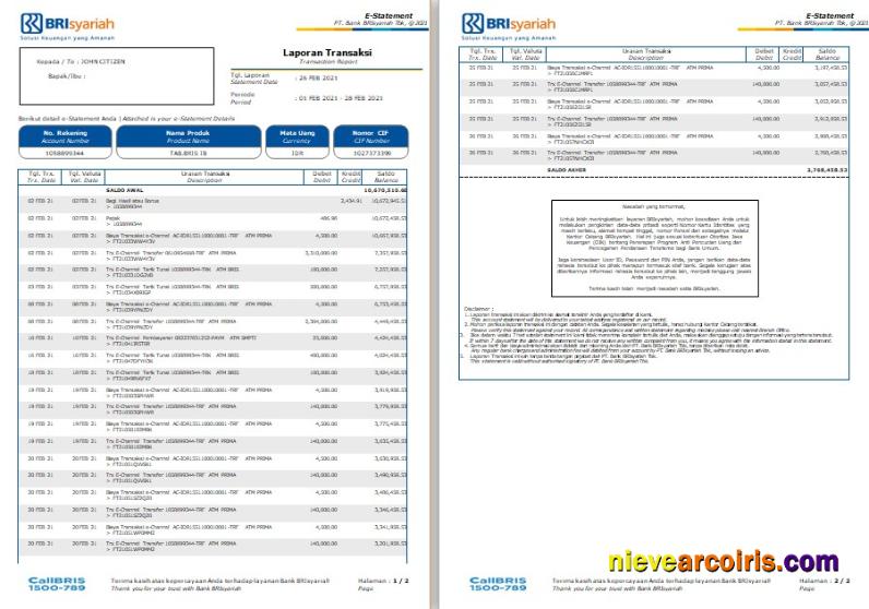 Professional Indonesia BRIsyariah Bank Statement Template, Word And PDF Format, 2 Pages