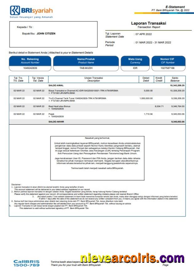 Indonesia BRIsyariah Bank Statement Sample