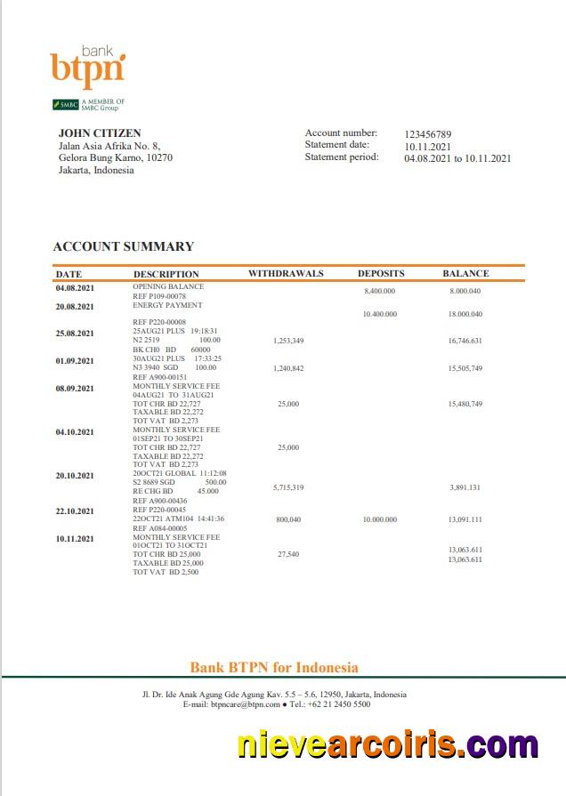 Indonesia BTPN Bank Statement Sample