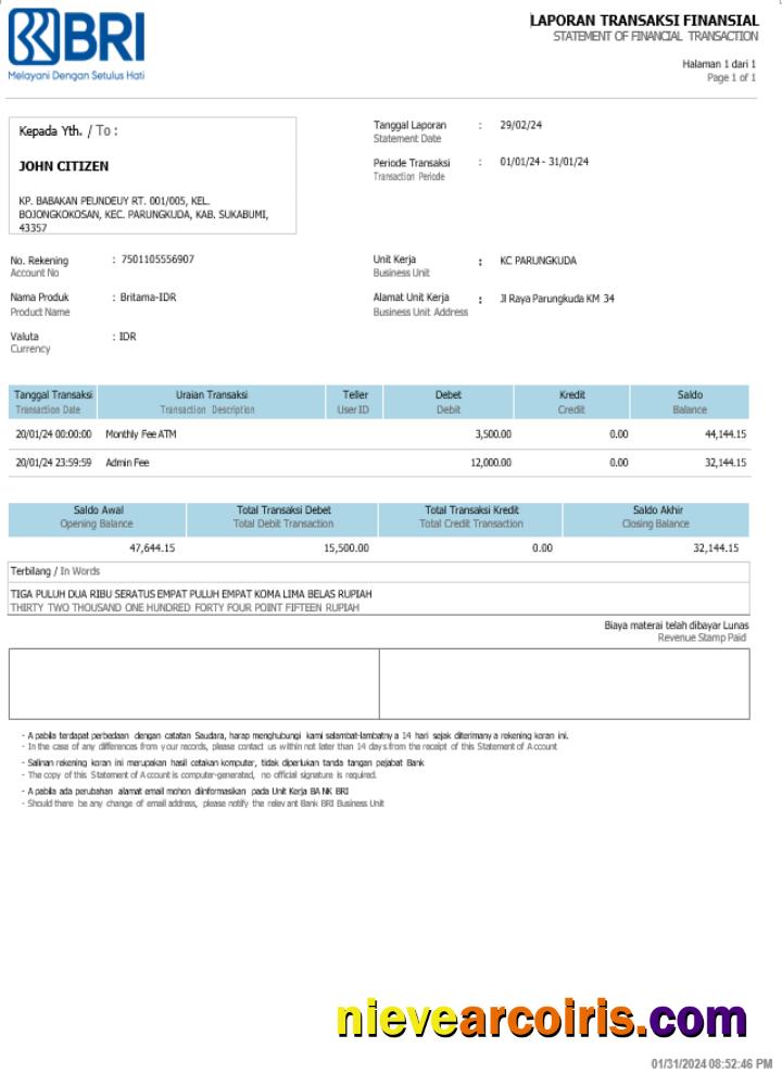 Indonesia Bank BRI Statement Word And PDF Example Sample