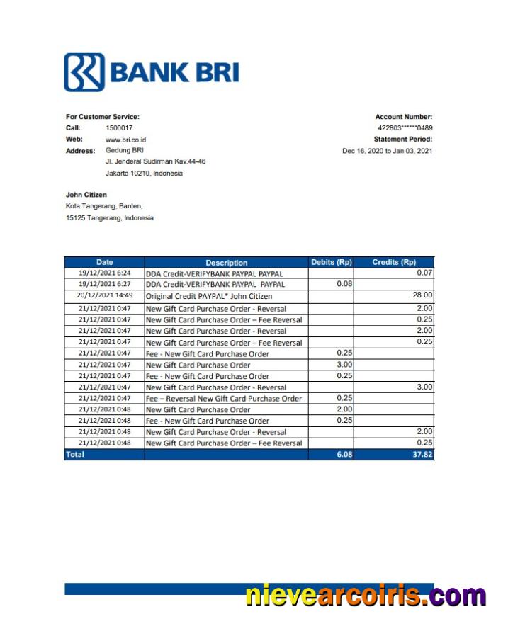 Premium Indonesia Bank Rakyat Indonesia (BRI) Bank Statement Template In .xls And .pdf File Format