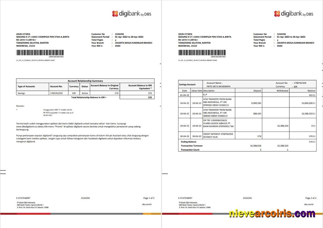 Indonesia DBS Digibank Statement 2 Pages Sample