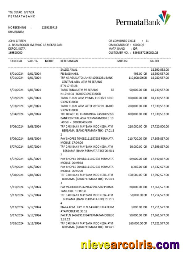 Indonesia Permatabank Statement Word And PDF Example Sample