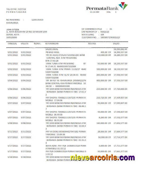 Realistic Indonesia Permatabank Statement Word And PDF Template Scr