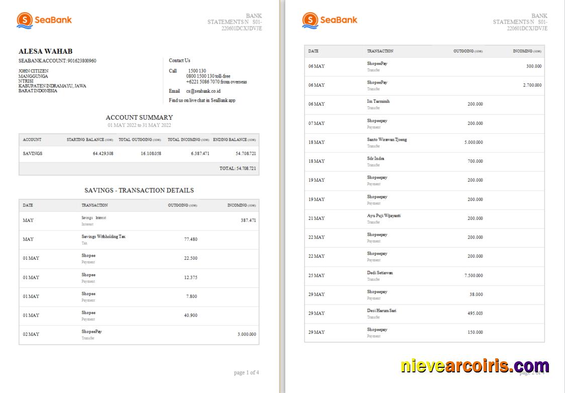 Realistic Indonesia Seabank Statement Word And PDF Template, 4 Pages 1 2 Scr