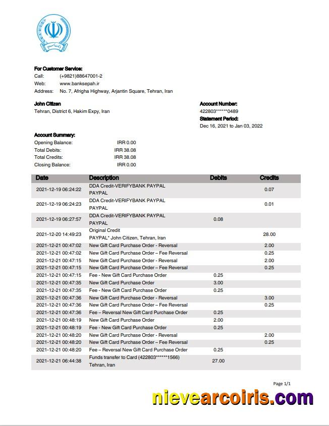 Iran Bank Sepah Statement Template