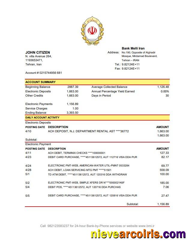Professional Iran Melli Bank Statement Template In .xls And .pdf File Format