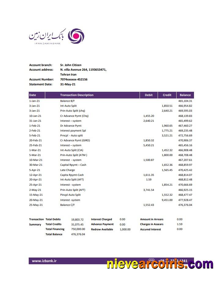 Professional Iran Zamin Bank Statement Template In Excel And PDF Format