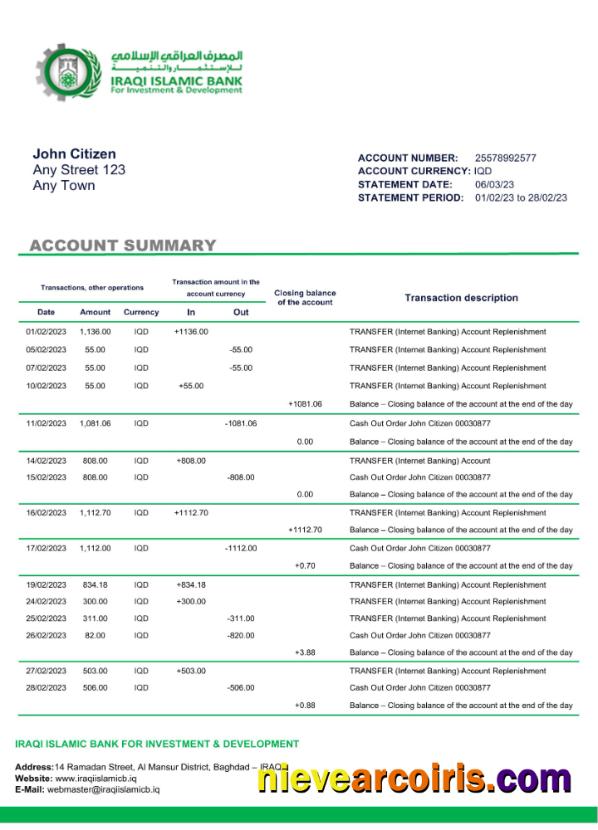 Editable Iraq Islamic Bank For Investment & Development Bak Statement Word And PDF Template