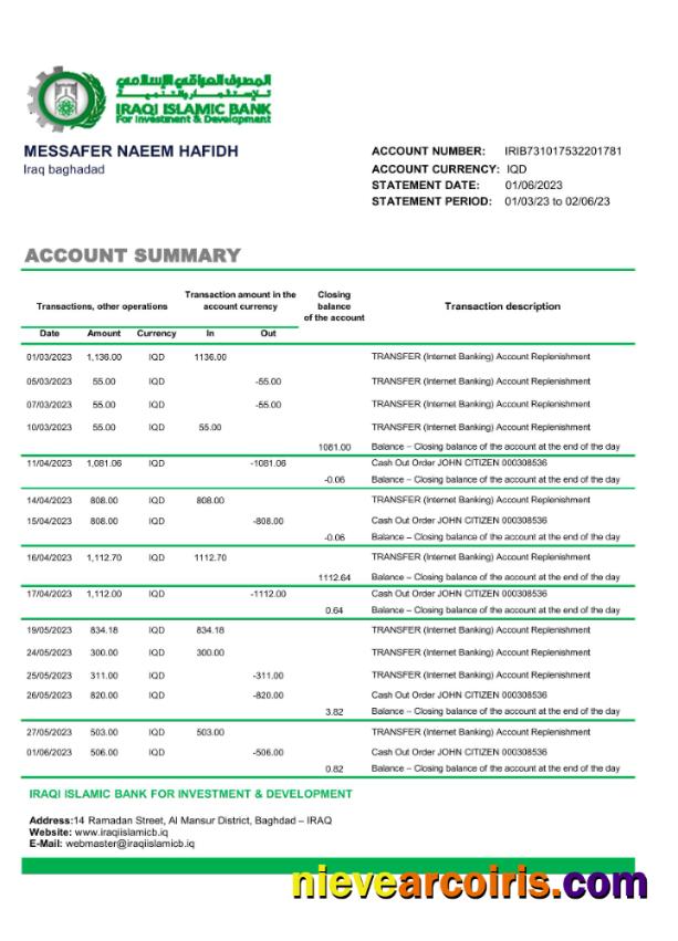 Realistic Iraq Islamic Bank For Investment & Development Bank Statement Excel And PDF Template