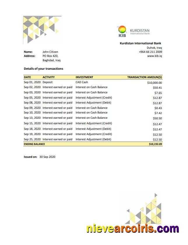 Professional Iraq Kurdistan International Bank Proof Of Address Statement Template In Excel And PDF Format