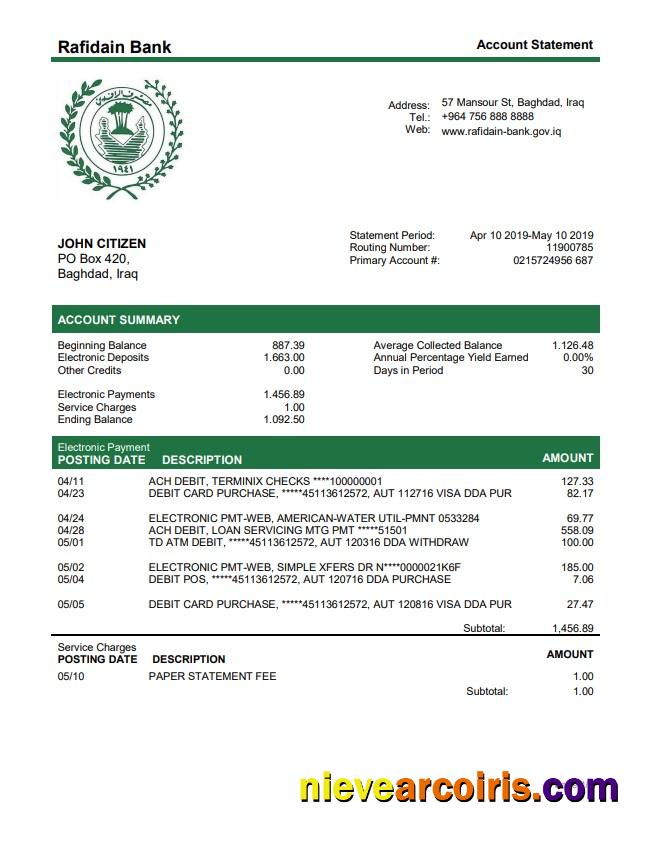 Iraq Rafidain Bank Sample