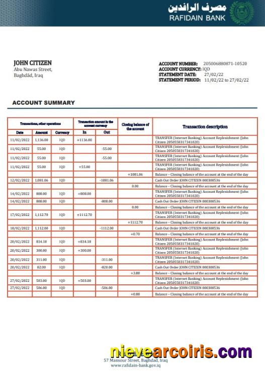 Iraq Rafidain Proof Of Address Bank Statement Sample
