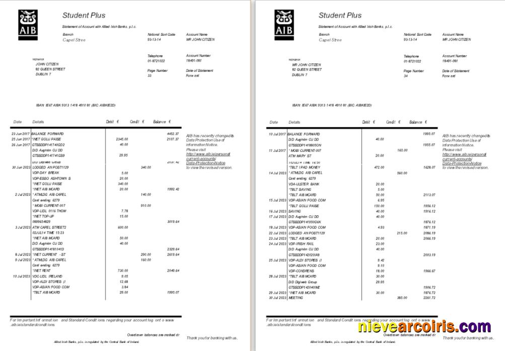 Editable Ireland AIB Bank Statement Template, Word And PDF Format, 6 Pages