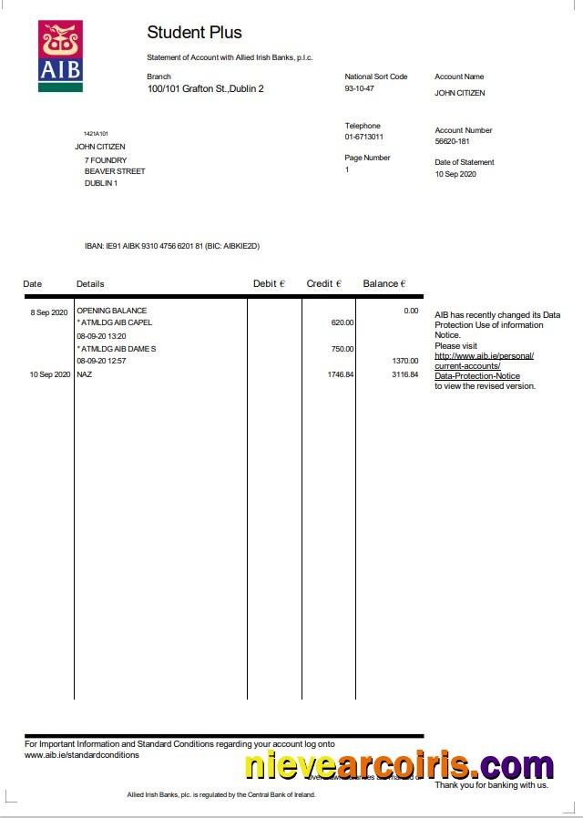 Ireland AIB Bank Statement Template