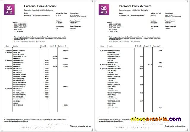 Editable Ireland Allied Irish Banks (AIB) Statement Of Account Word And PDF Template, 2 Pages