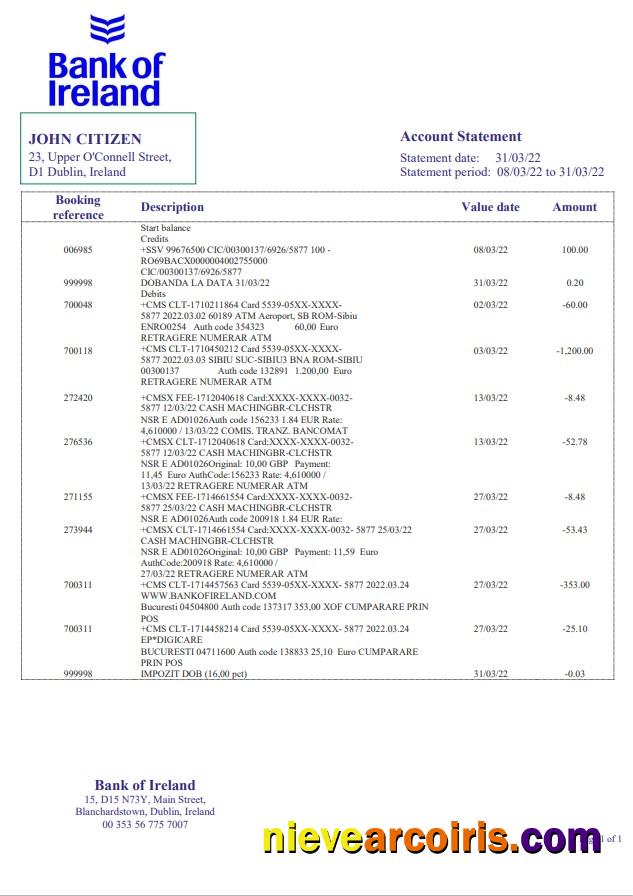 Ireland Bank Of Ireland Statement Sample