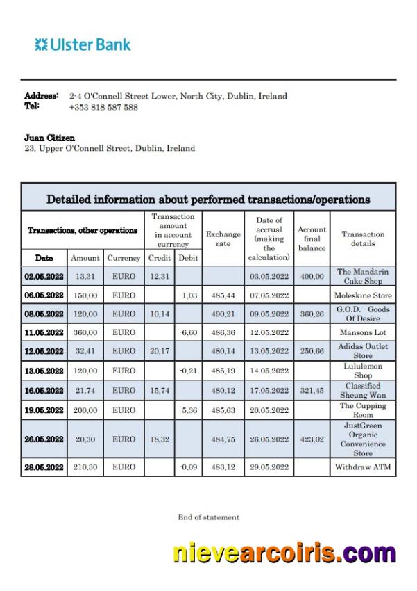Ireland Ulster Bank Statement Template