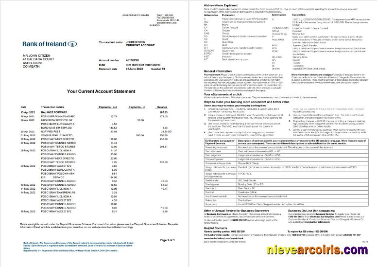 Irland Bank Of Ireland Statement 2 Pages Photolook