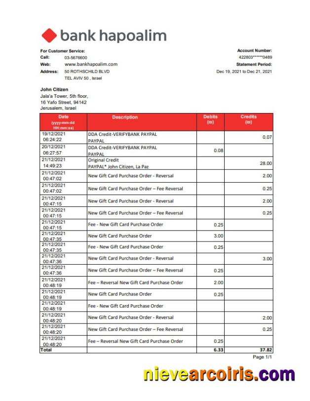 Realistic Israel Bank Hapoalim Bank Statement Easy To Fill Template In .xls And .pdf File Format