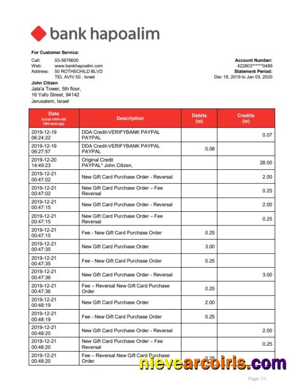 Israel Bank Hapoalim Bank Statement Preview