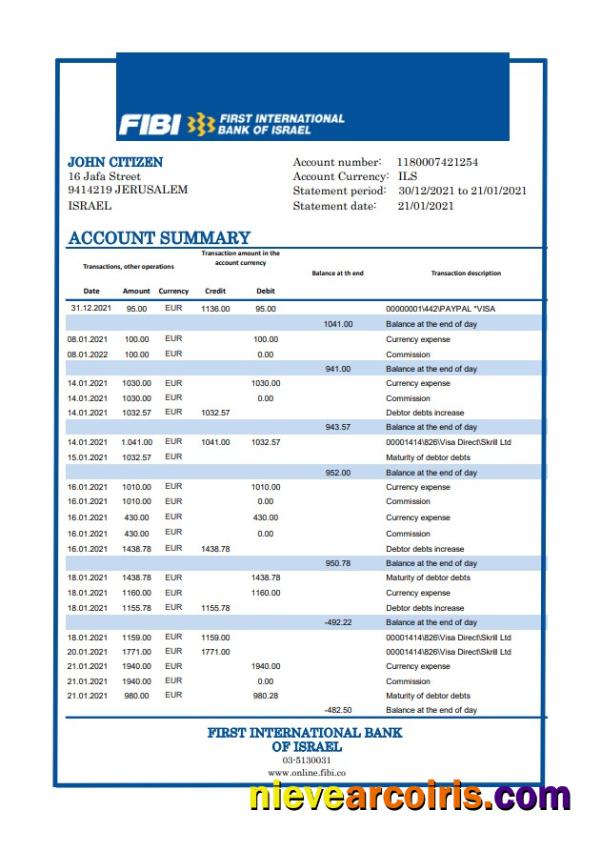 Professional Israel First International Bank Of Israel Bank Statement Easy To Fill Template In Excel And PDF Format