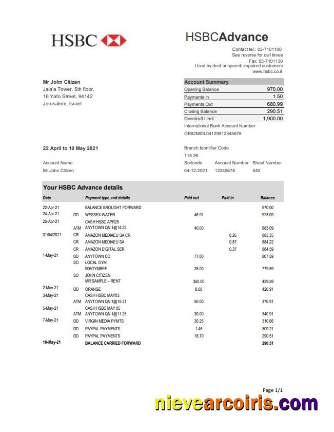 Professional Israel HSBC Bank Statement Easy To Fill Template In Excel And PDF Format