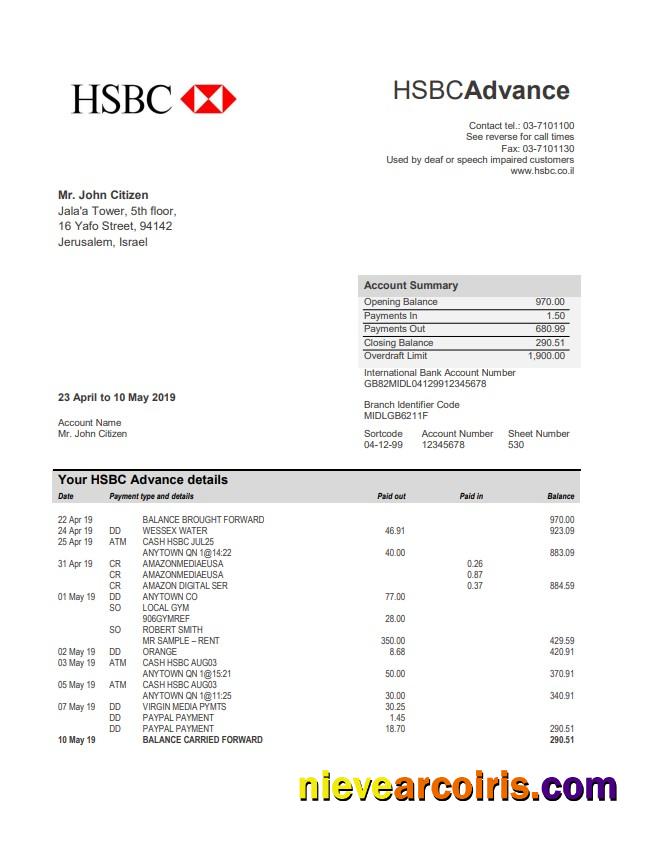 Israel HSBC Bank Statement Sample