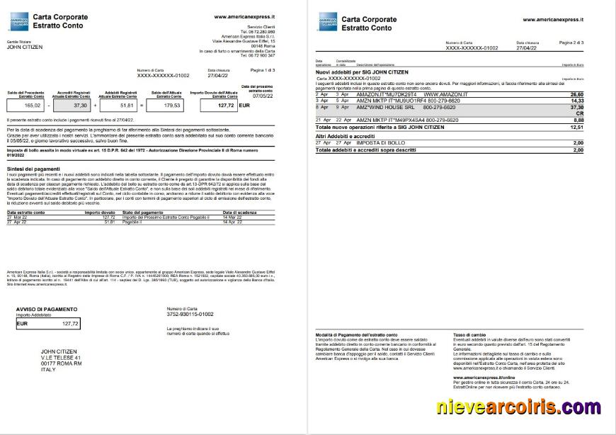 Italy American Express Amex Card Statement 3 Pages Preview