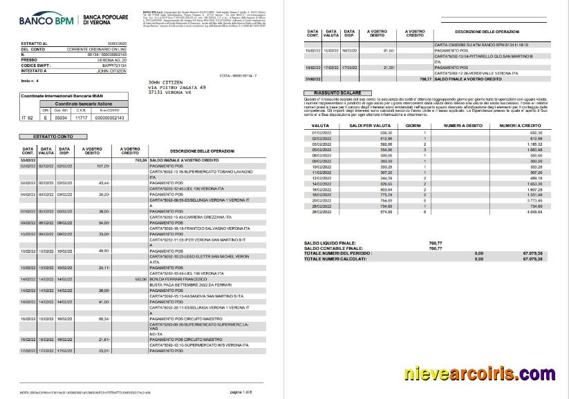 Italy Banco BPM Bank Statement 8 Pages Sample