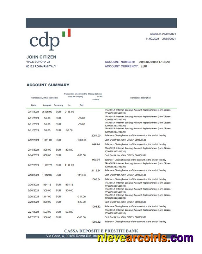 Editable Italy Cassa Depositi E Prestiti Bank Statement Easy To Fill Template In .xls And .pdf File Format