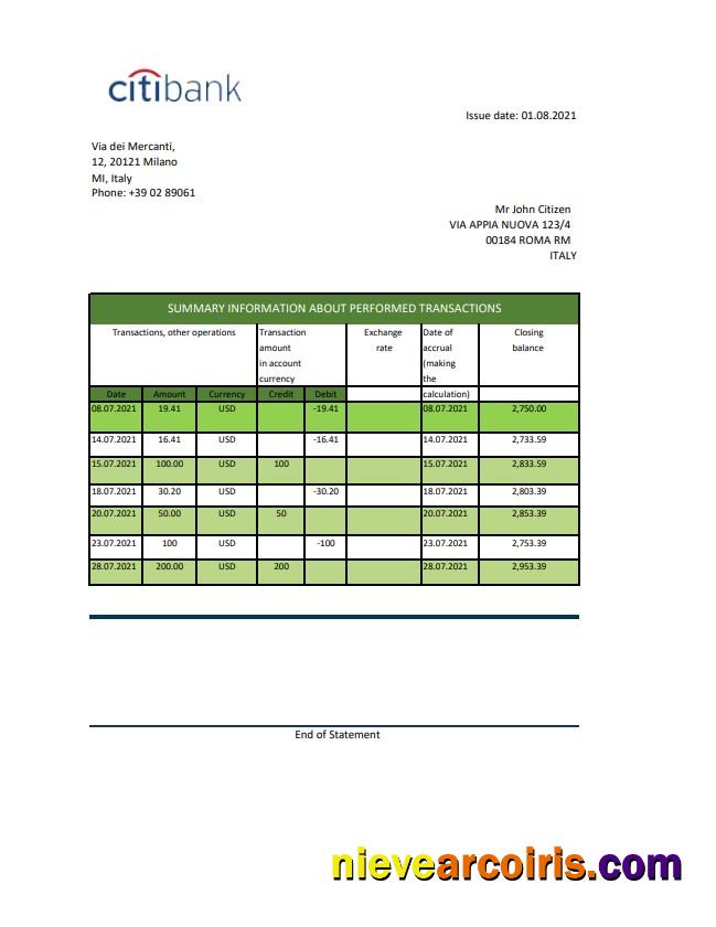 Italy Citibank Excel Pdf Sample
