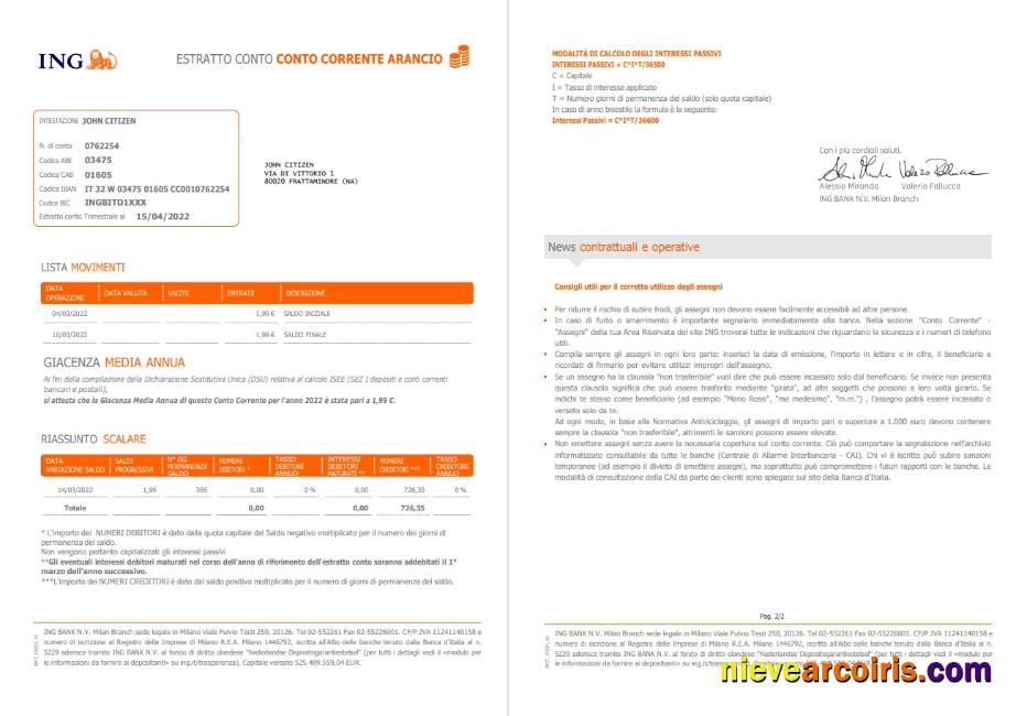 Italy ING Bank Statement 2 Pages Template
