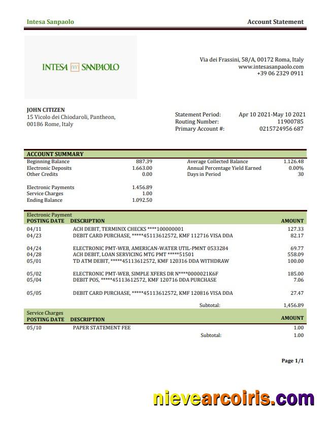 Italy Intesa Sanpaolo Bank Statement Template