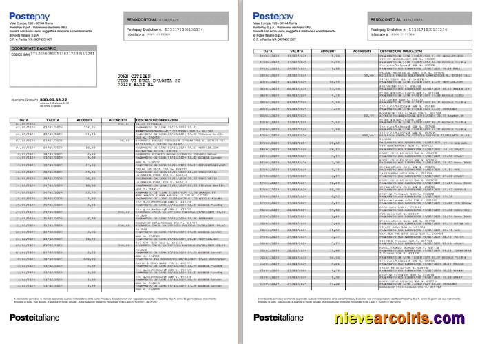 Professional Italy Postepay Evolution (Poste Italiane) Card Statement Template, 7 Pages Scr