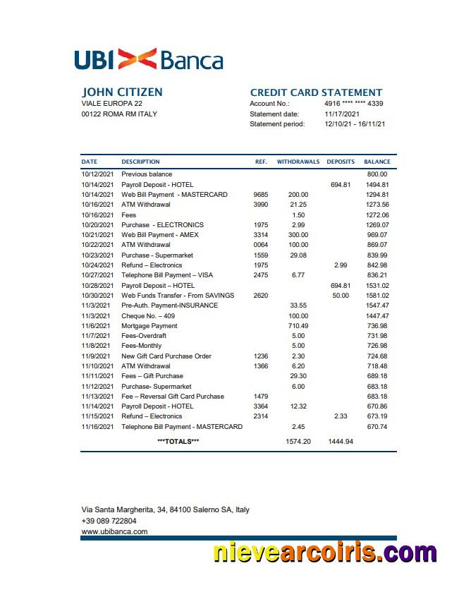 Premium Italy UBI BANCA Bank Statement Easy To Fill Template In Excel And PDF Format