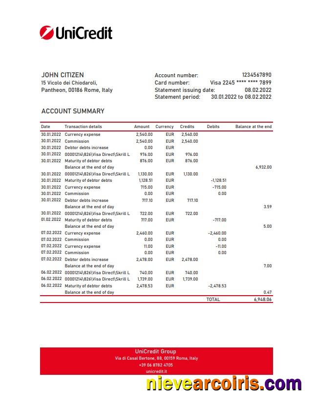 Italy Unicredit Bank Statement Xls Template