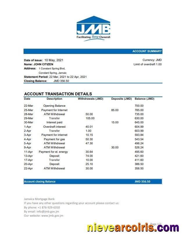 Realistic Jamaica Mortgage Bank Statement Easy To Fill Template In Excel And PDF Format